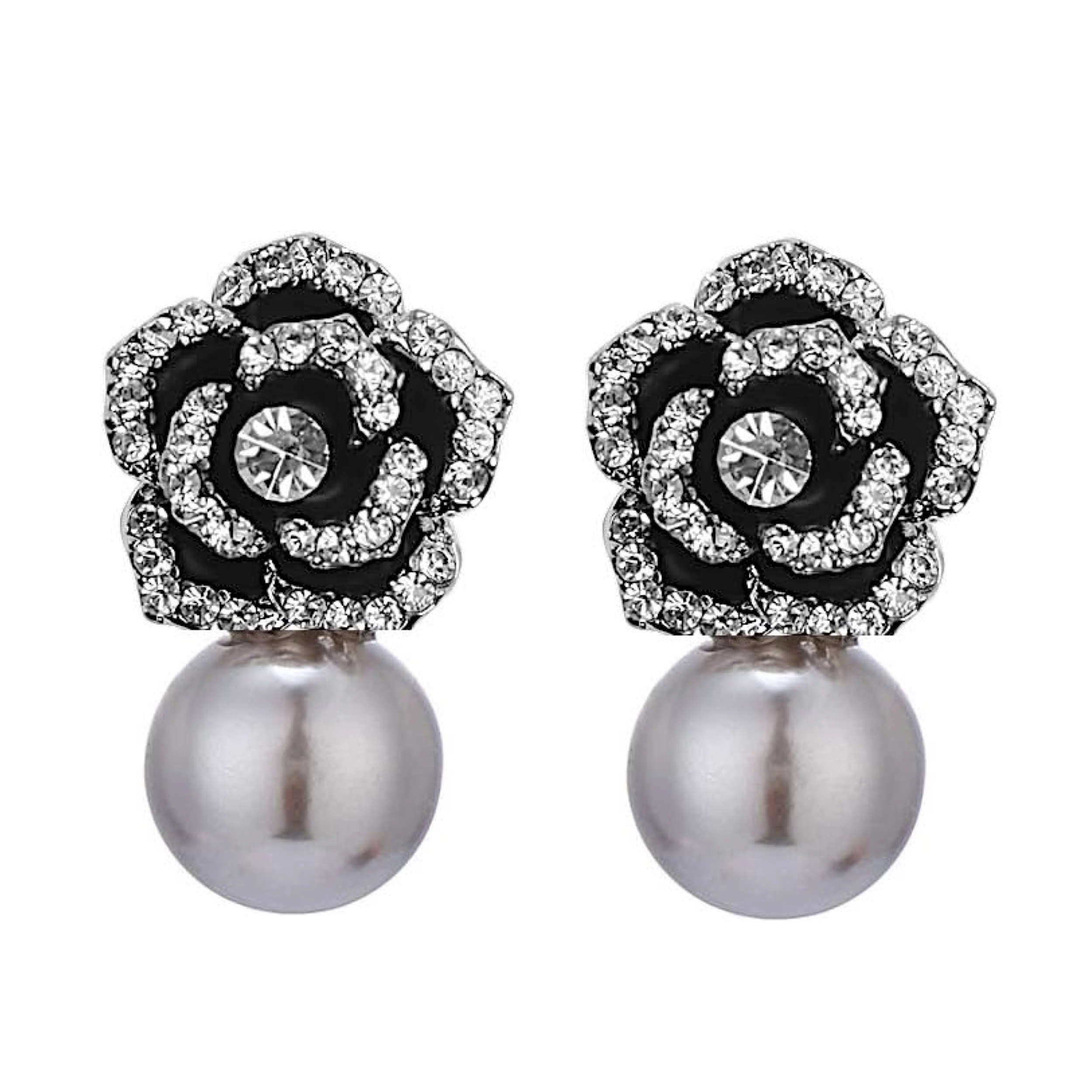 18K Gold Black Rose Embellished Pearl Drop Earrings