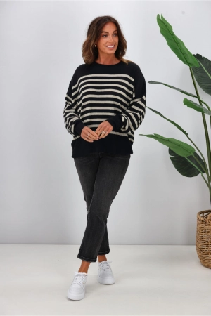 Alpine by Shine On Georgia Striped Merino Batwing Top Midnight Oatmeal