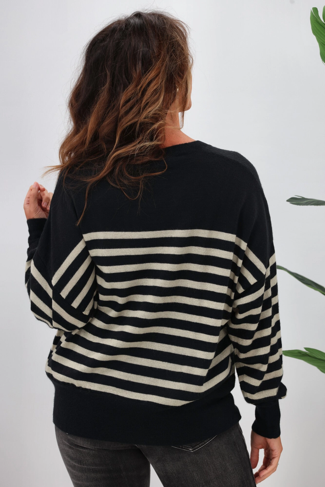 Alpine by Shine On Georgia Striped Merino Batwing Top Midnight Oatmeal