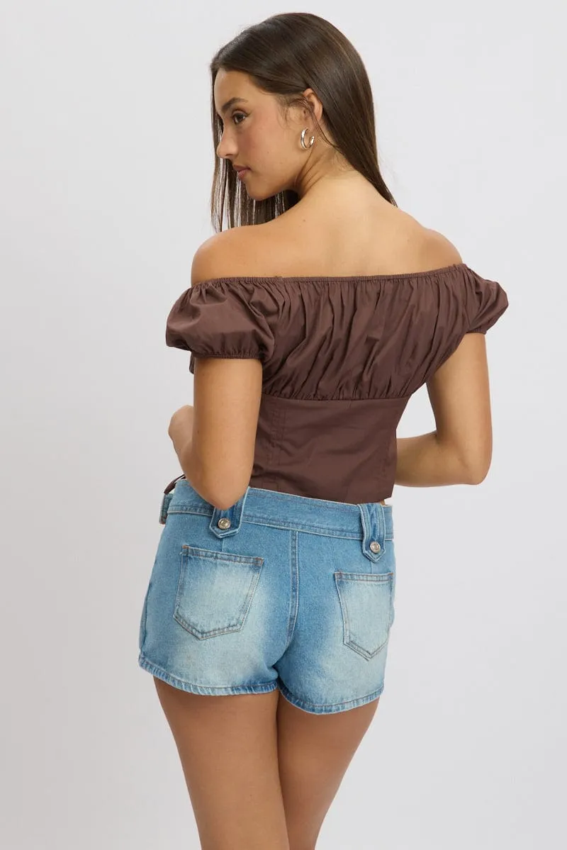 Brown Crop Top Short Sleeve Ruched Button Front