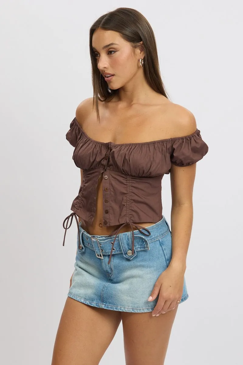 Brown Crop Top Short Sleeve Ruched Button Front