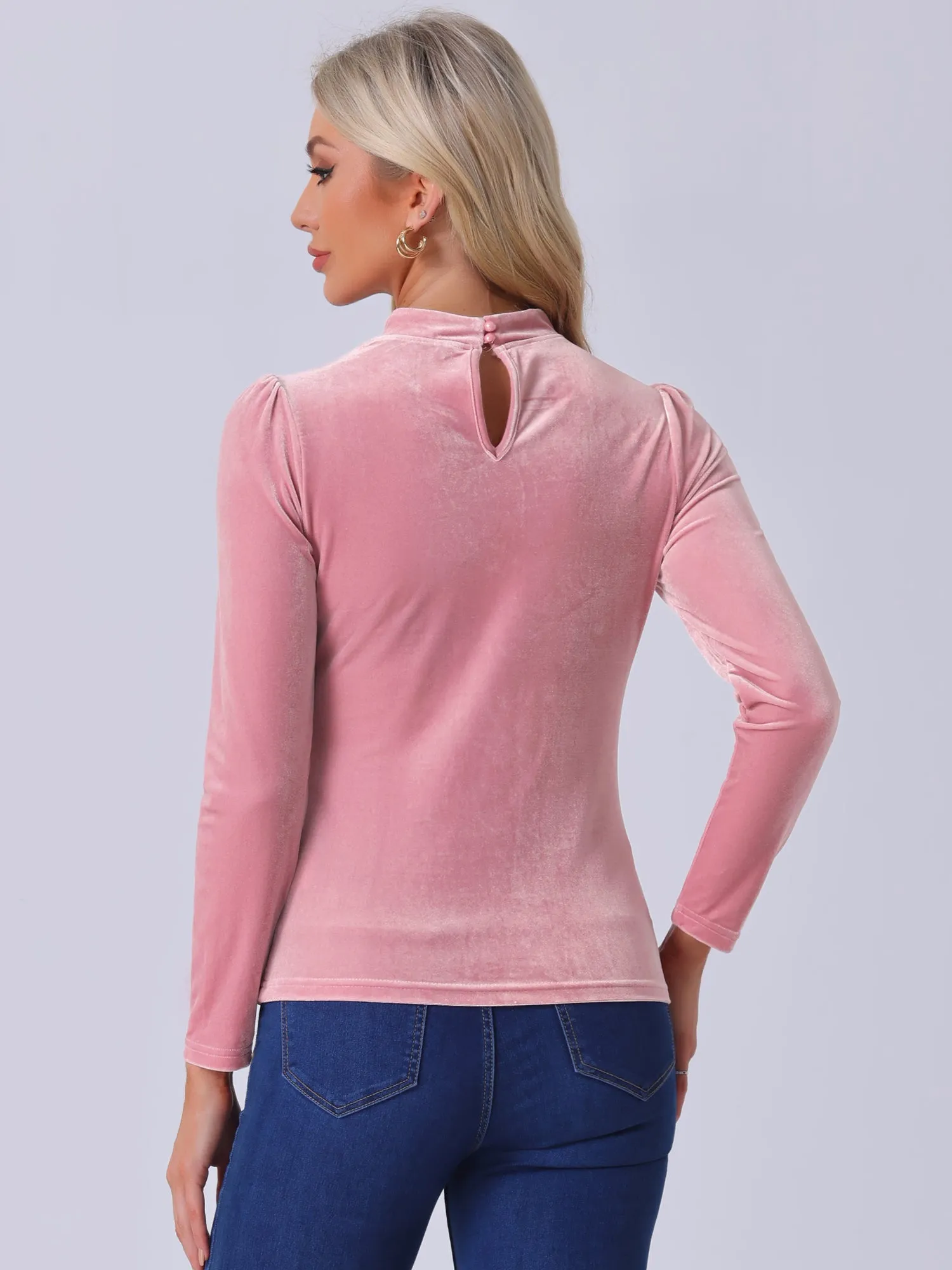Casual Velvet Long Sleeve Choker Neck Heart Dots Mesh Panel Top