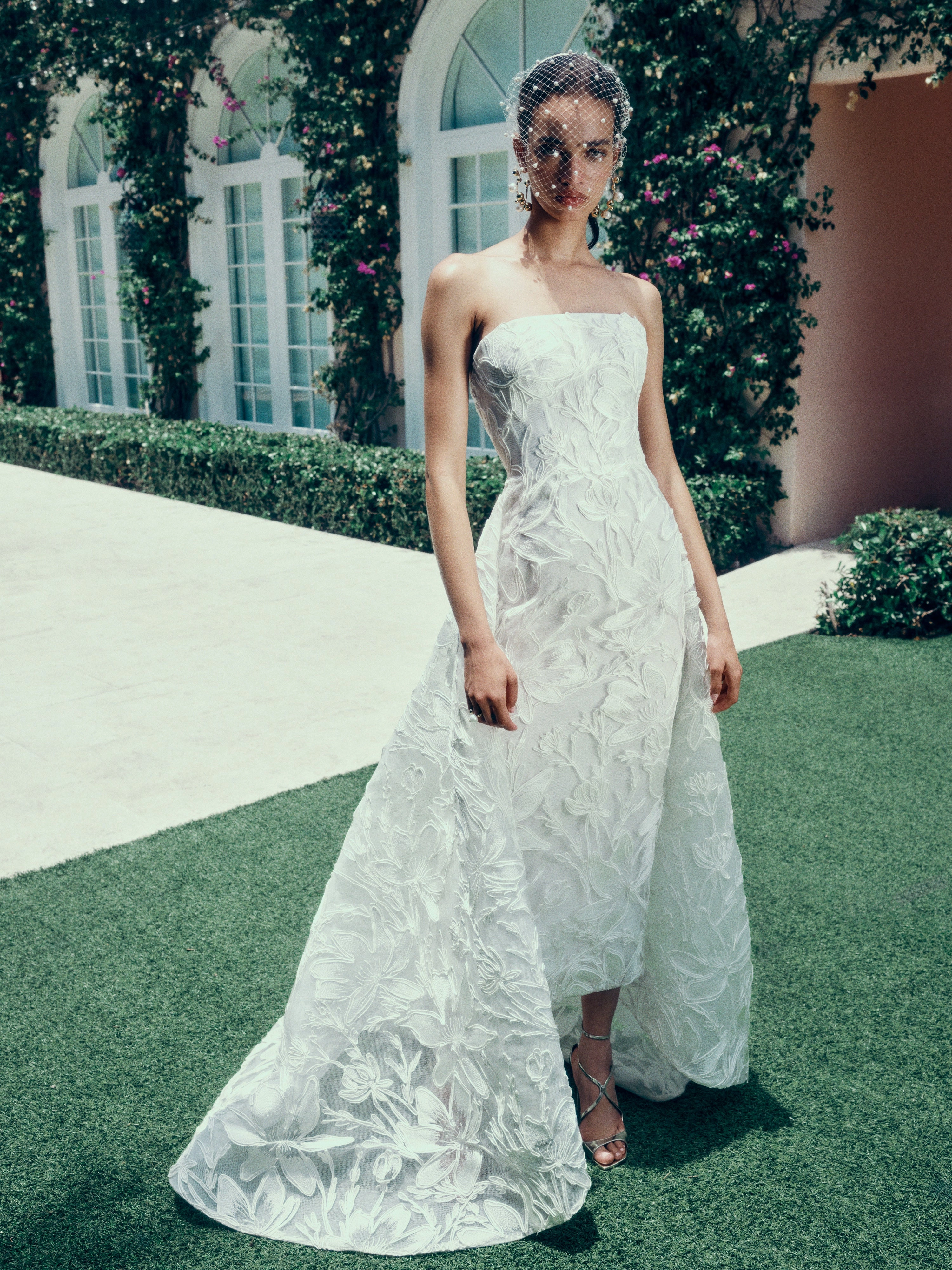 Embroidered Column Gown with Train