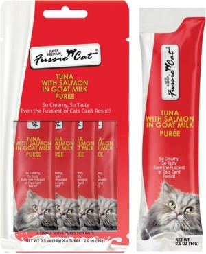Fussie Cat Tuna with Salmon in Goat Milk Puree Lickable Cat Treats