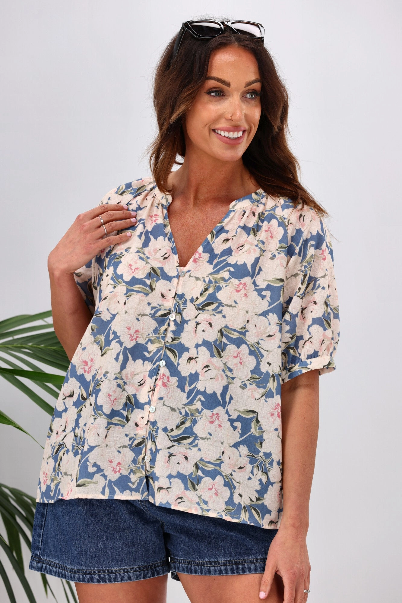 Gloss by Shine On Ananya Button Front Blouse Blue Floral