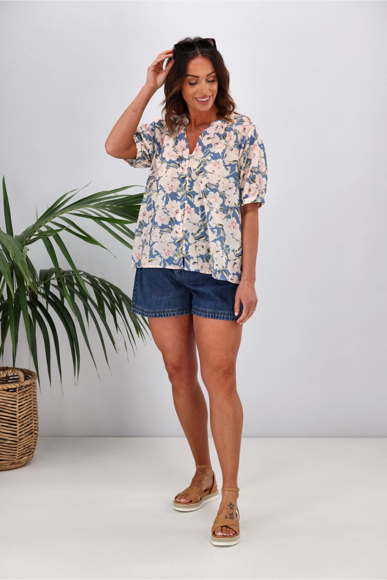 Gloss by Shine On Ananya Button Front Blouse Blue Floral