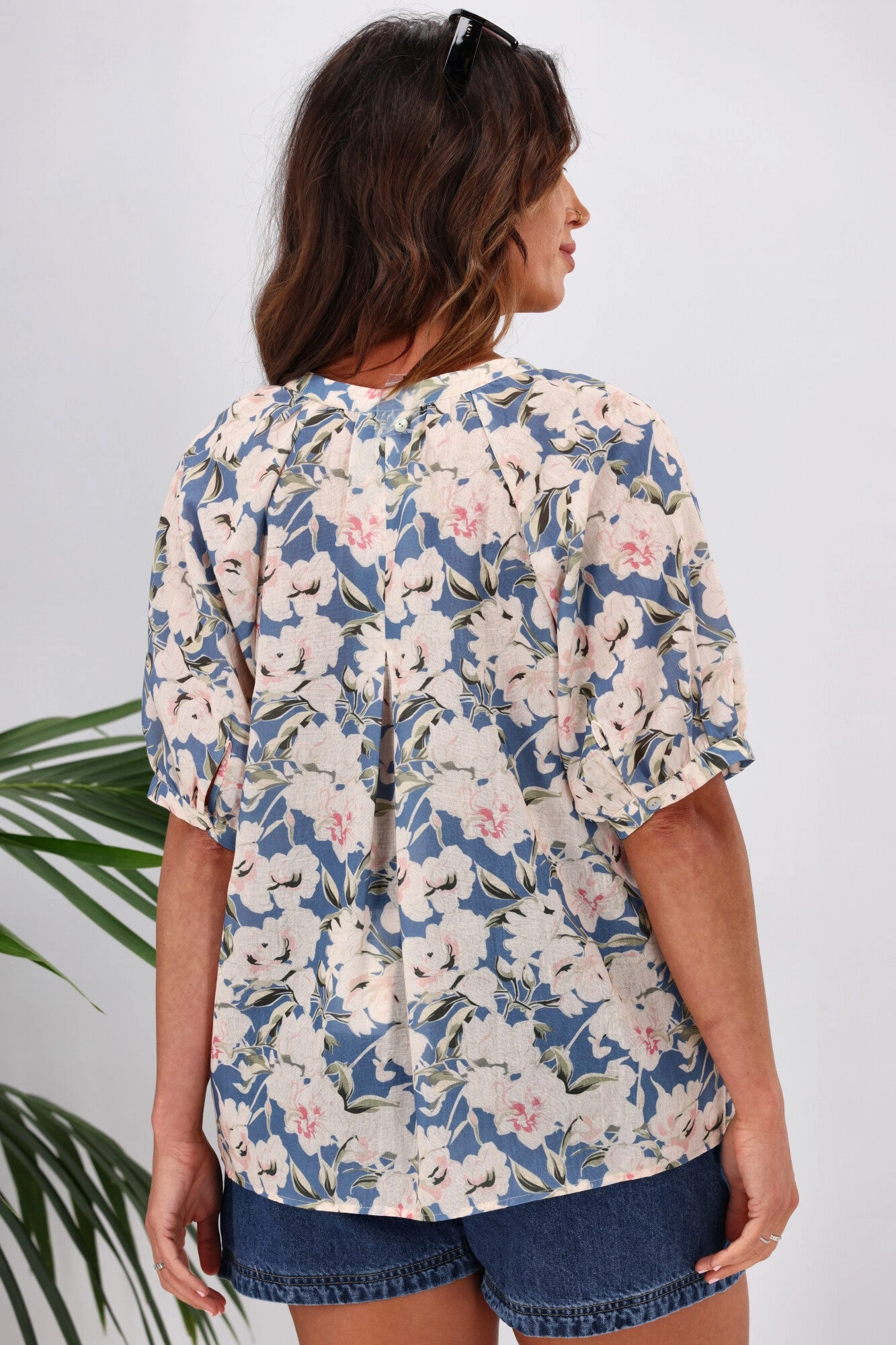 Gloss by Shine On Ananya Button Front Blouse Blue Floral
