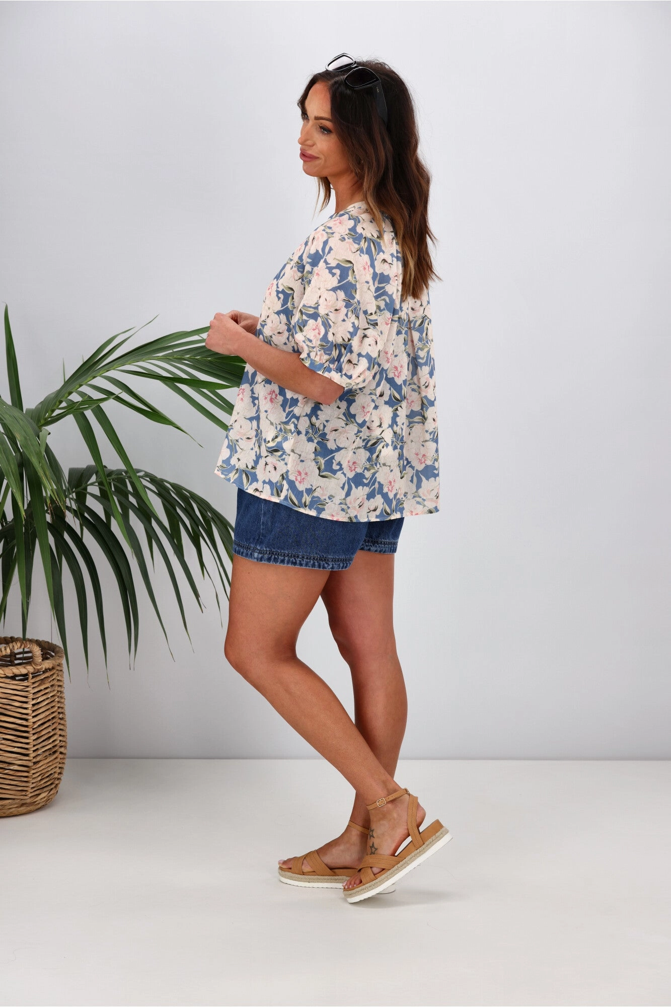 Gloss by Shine On Ananya Button Front Blouse Blue Floral