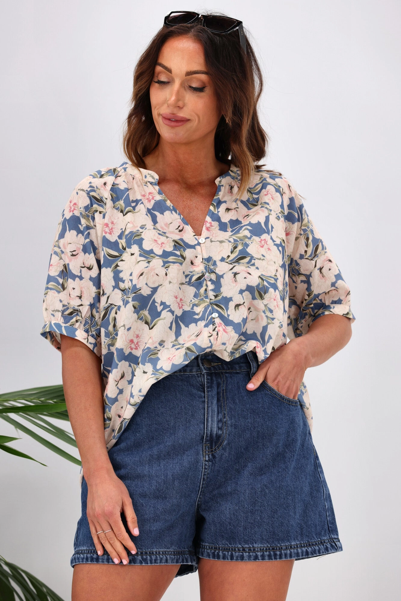 Gloss by Shine On Ananya Button Front Blouse Blue Floral