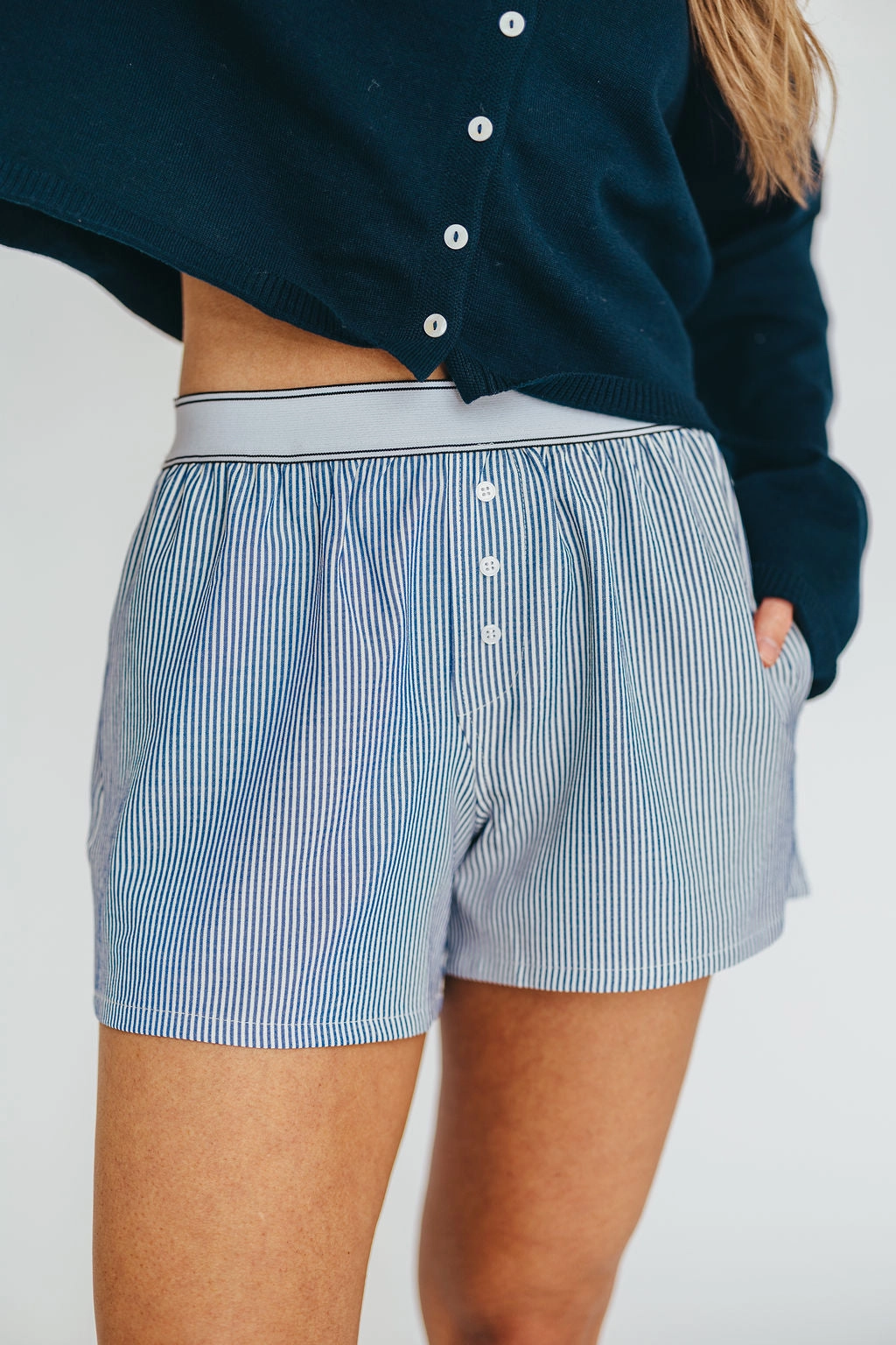 Kya Striped Boxer Short in Ivory/Blue