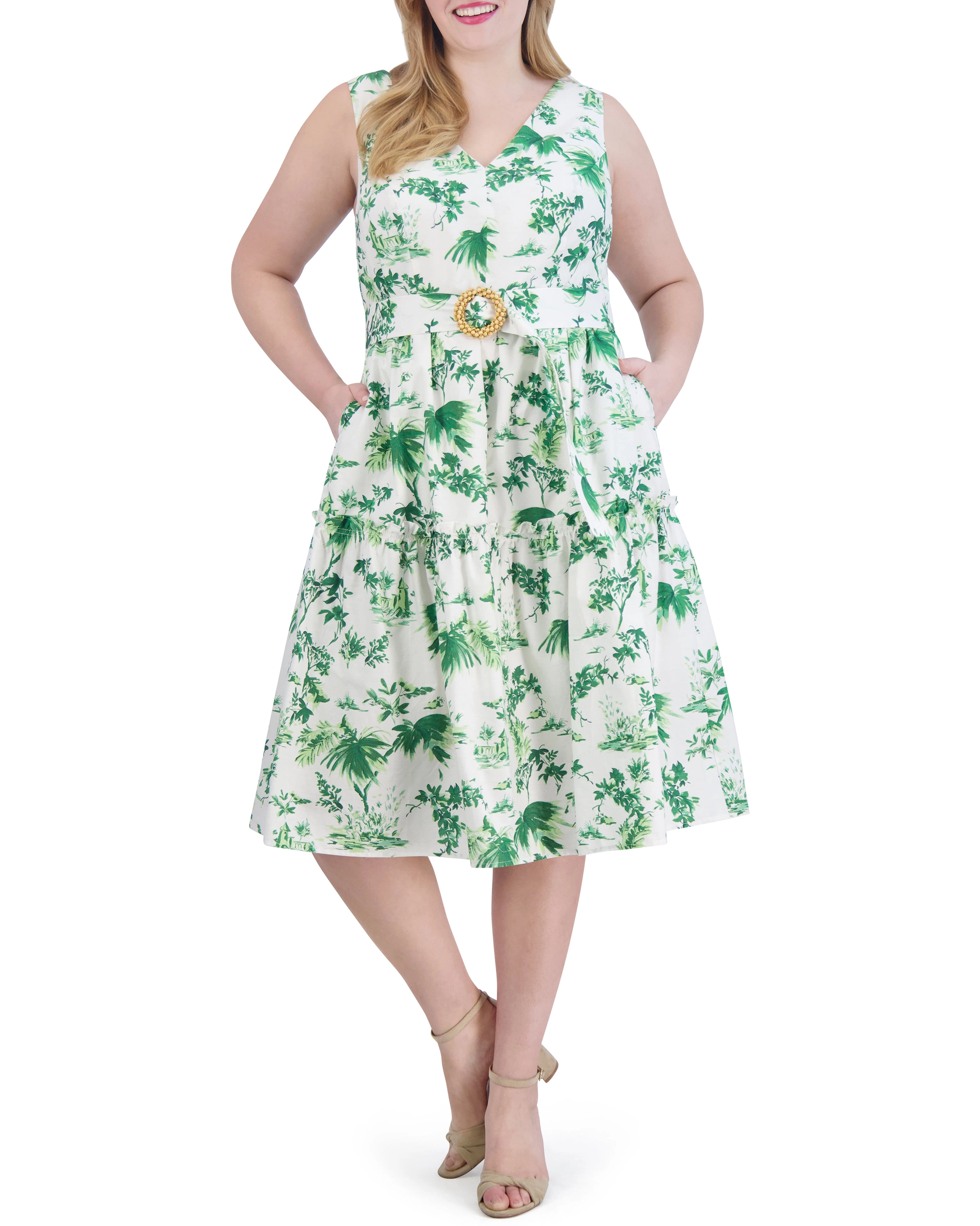 Plus-Size Floral-Print Belted Tiered Dress