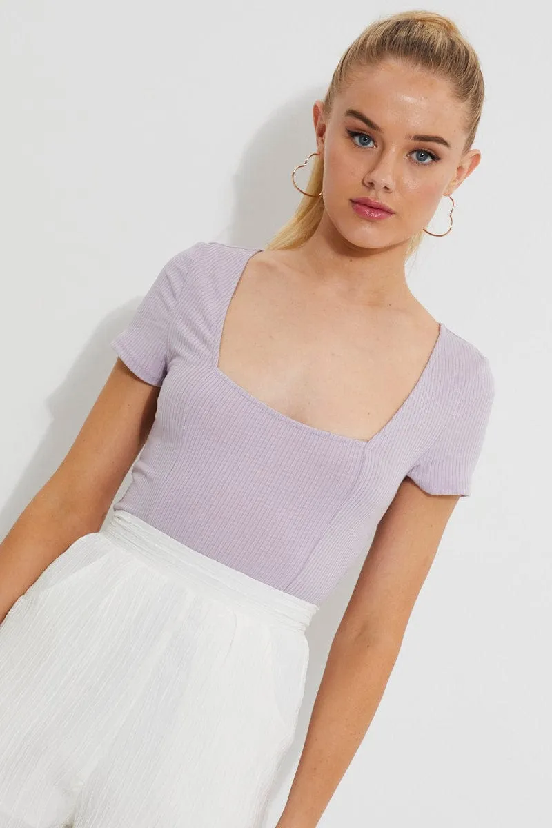 Purple Designer Seam Detail Ribbed Bodysuit