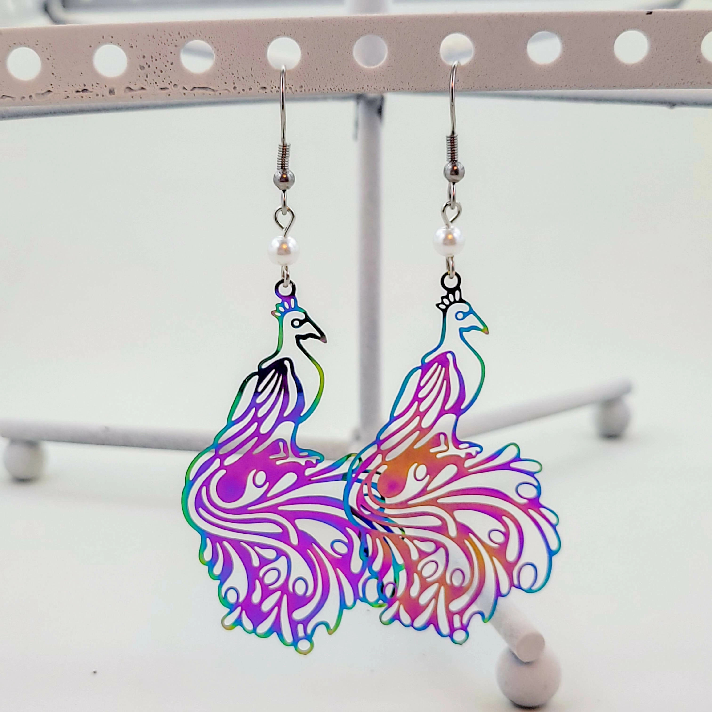 Rainbow Peacock Filigree Earrings