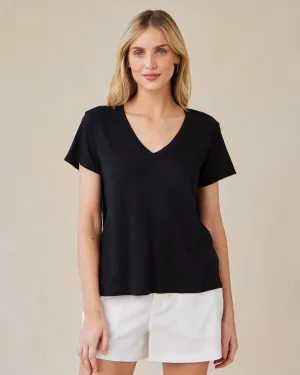 Side Slit V-Neck Tee - Black