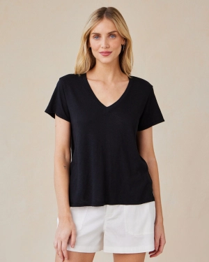 Side Slit V-Neck Tee - Black