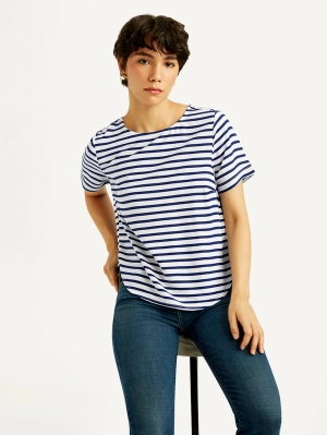 Women's Striped White Round Neck Top