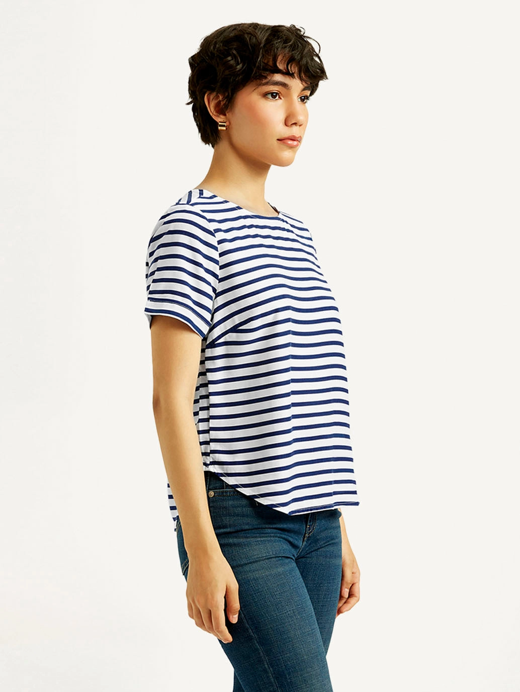 Women's Striped White Round Neck Top