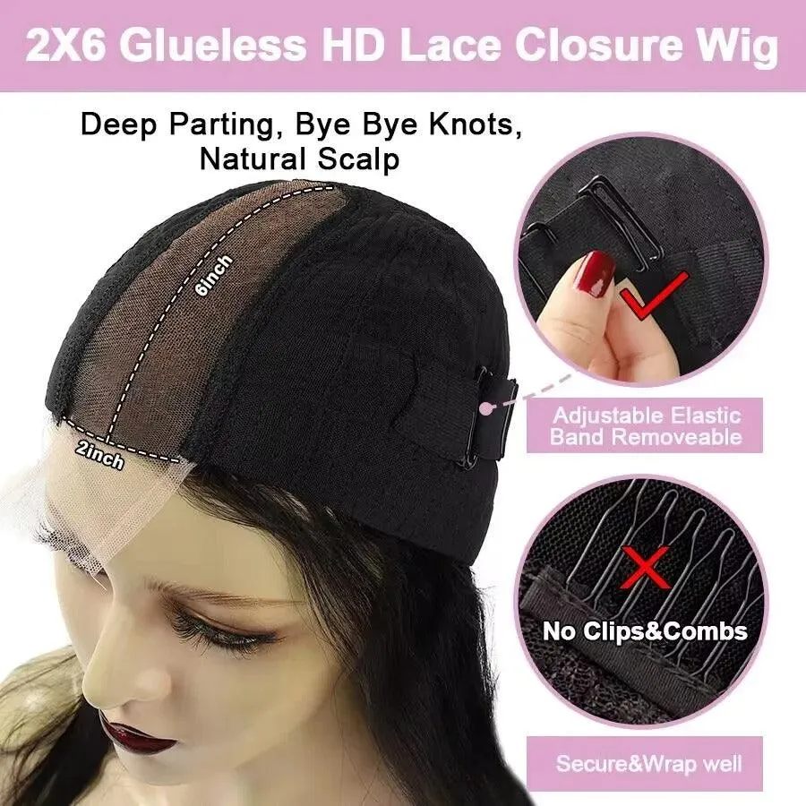 WOWANGEL 2X6 HD Lace Closure Wig Jet Black Wear & Go Glueless Wig