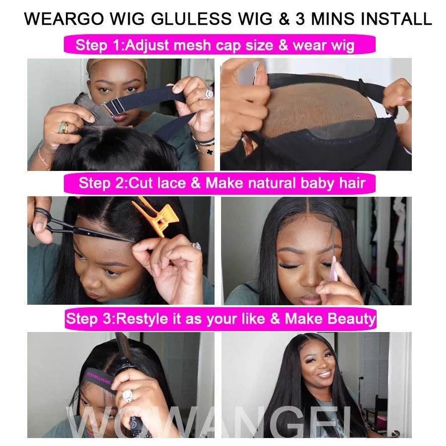WOWANGEL 2X6 HD Lace Closure Wig Jet Black Wear & Go Glueless Wig